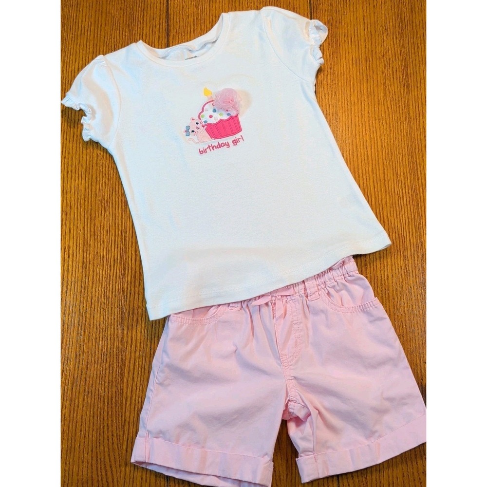 Gymboree Shorts Set Girls 5T Pink Birthday Girl Cat Cupcake Ruffle 140106636